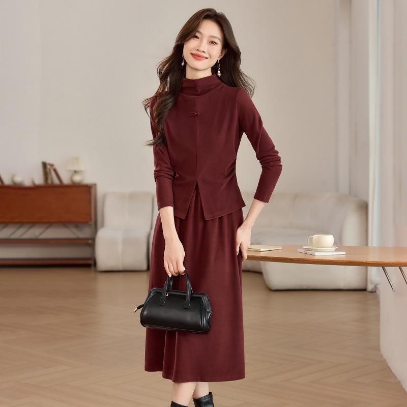 Moda de primăvară 2025: Rochie două piese groasă, periată, cu guler înalt și fustă midi (SH039)