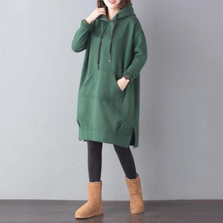 Damen Lockerer Dicke Hoodie Einfarbige Herbst Winter Plüsch Pullover mit Großer Tasche Kordelzug Geschlitzter Saum Knielang Tägliches Oberteil