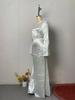 Women's White Tie-Up Long Sleeve Dress - Autumn/Winter, Elegant Chinese Style, Casual with Waist-Cinching Fit