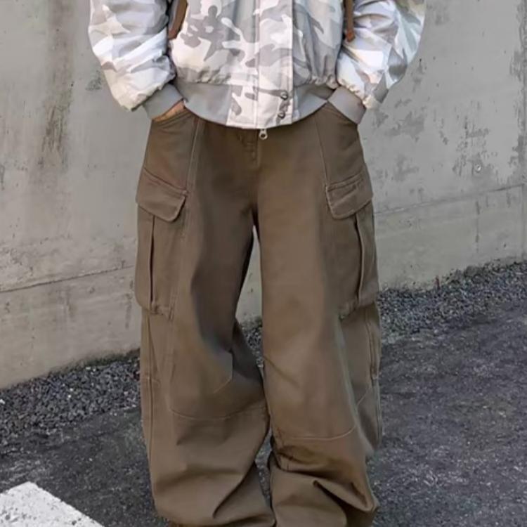 Plus Size Retro Wide Leg Deconstructed Workwear Jeans - Unisex Casual High Street Pants with Big Pockets