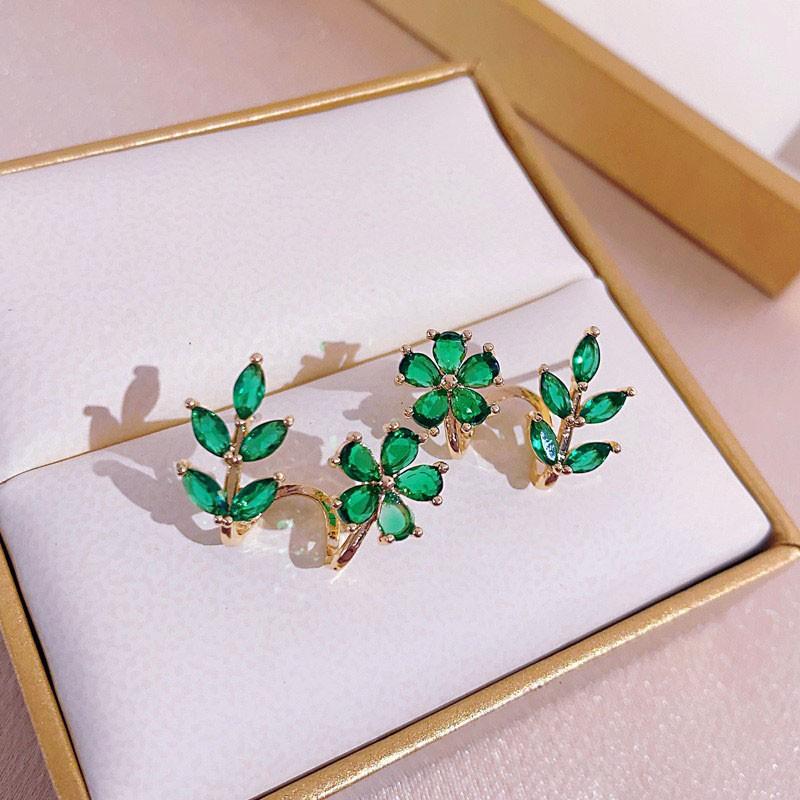 925 Silver Needle Green Flower Earrings For Women Korean Fashion Jewelry Trending Luxury Zircon Leaf Women's Stud Earrings