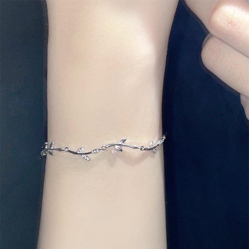 925 Sterling Silver Leaf Branch Bracelet for Women , Light Diamond Inlay , Unique Design Gift 925 silver белый
