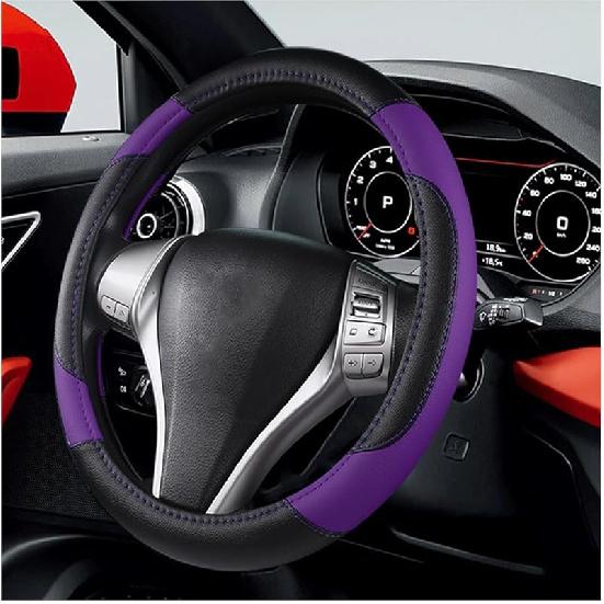 BELOMI Leather Car Steering Wheel Cover, Universal 15 Inch For Car Truck SUV, Non-Slip And Breathable, Sport Style Design Odorless Steering Wheel