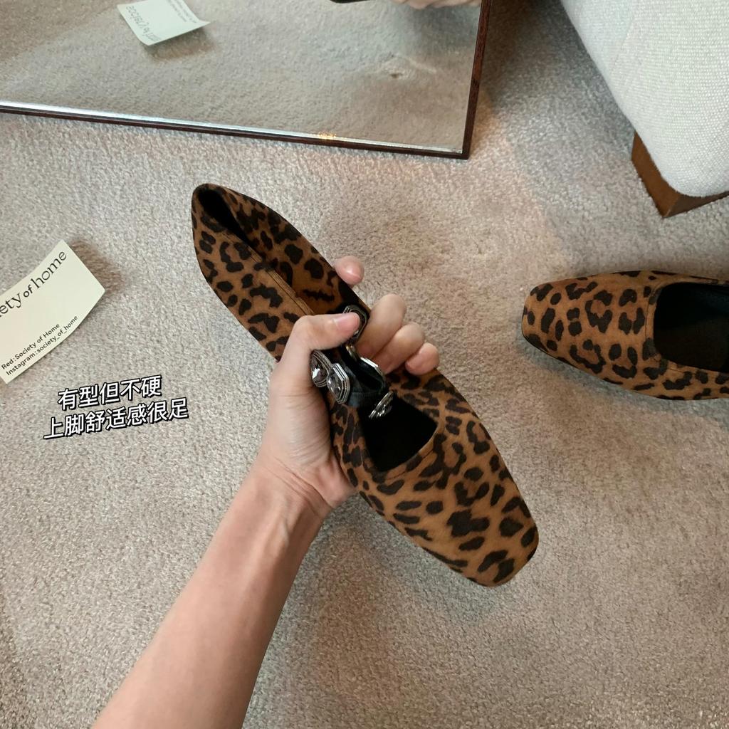 Sheepskin Version~ French Leather Shoes Leopard Print Mary Jane Shoes Women's Single Shoes Rhinestone Shallow Mouth Ballet Flat Shoes Ladyshoes