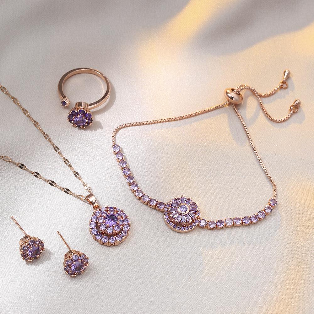 Trendy Japanese & Korean Style Zircon Titanium Steel Jewelry Set: Necklace, Rotating Stud Earrings & Ring