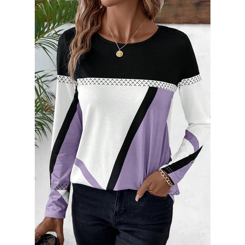 IHUASU Women's Pullover O-Neck Color Contrast Patchwork Geometric Print Top T-shirt