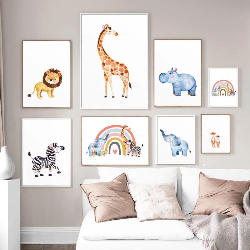 Baby Nursery Wall Poster Print Rainbow Animal Canvas Painting Nordic Wall Art Children Bedroom Wall Picture Kids Room Decor Art