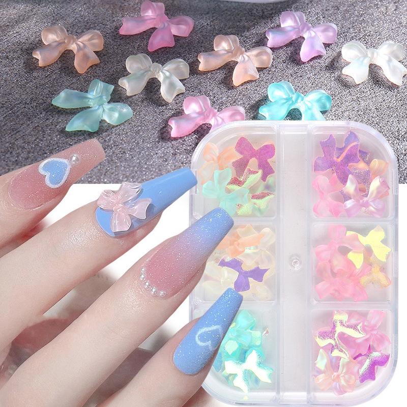 6 Grids 3D Cute Bow Nail Charms Holographic DIY Resin Aurora Decoration Valentine Nail Design Manicure Jewelry Accessories