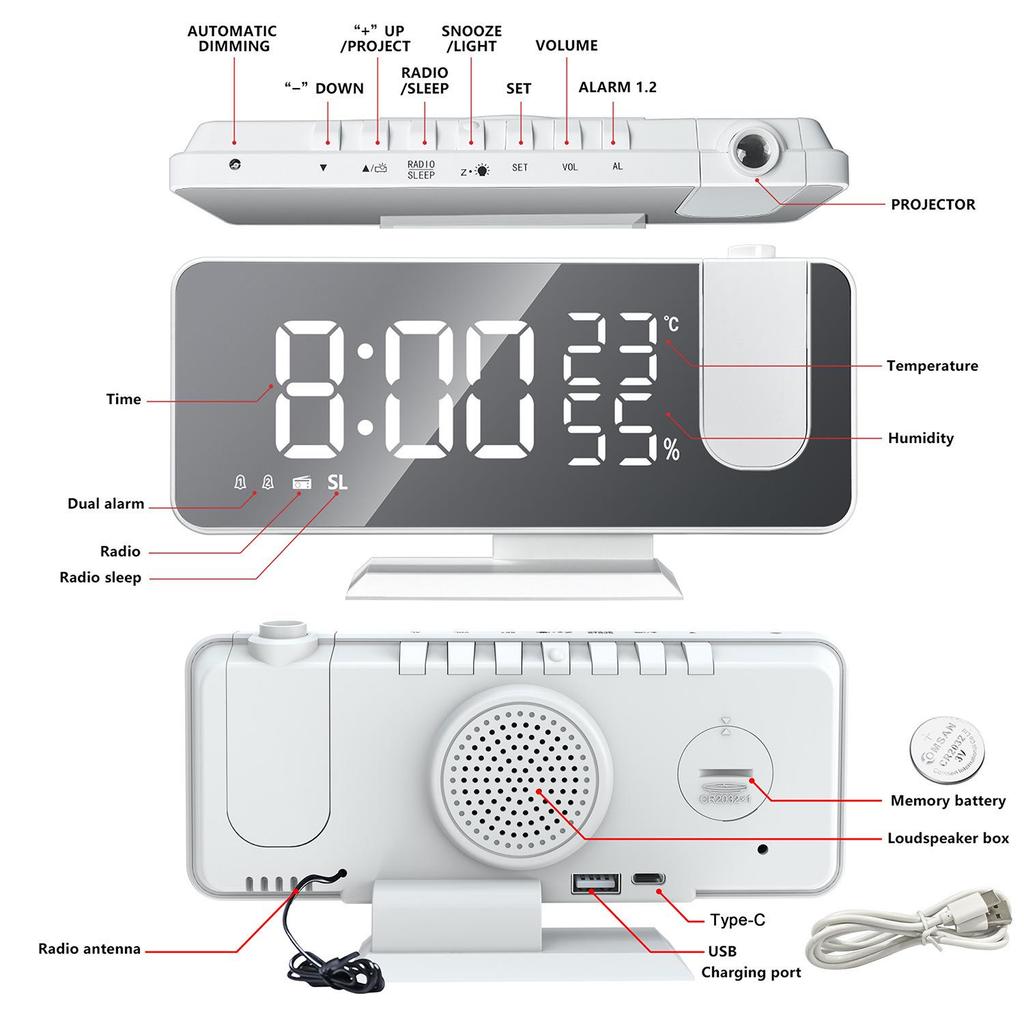 Dual Alarm Projection LED Mirror Clock with Large Display