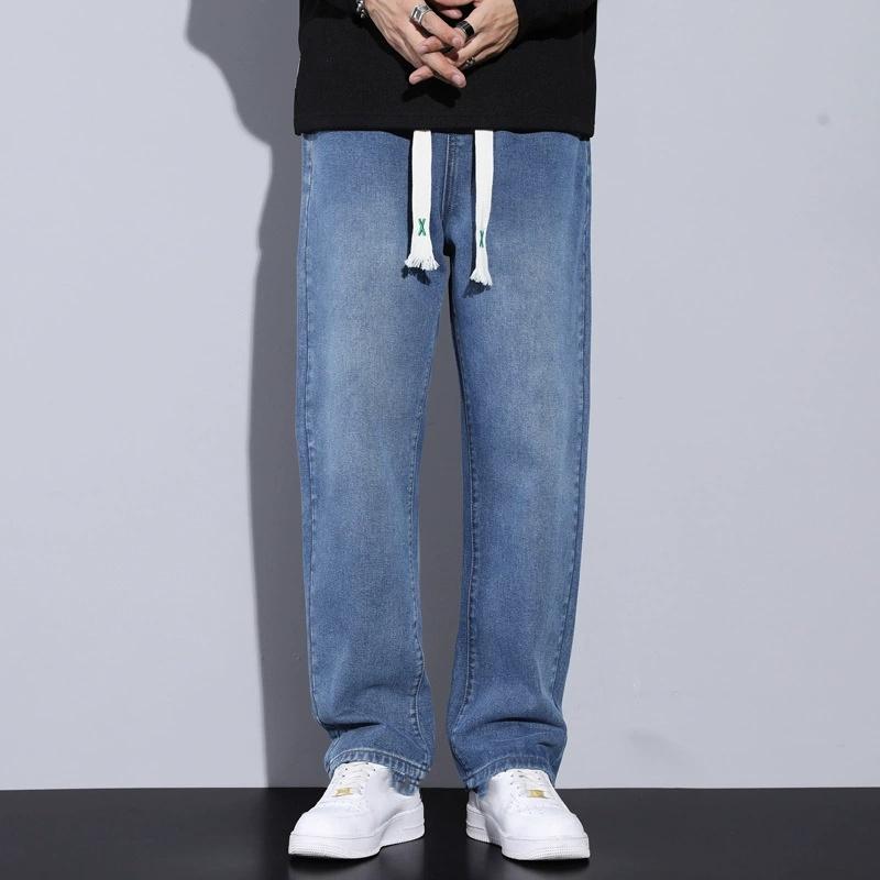 Spring Autumn Jeans Men Loose Straight Drawstring Elastic Waist Casual Denim Trousers Male Thick Pants Large Size M-5XL
