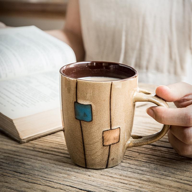 Retro Kiln Coffee Cup With Lid Spoon Personalized Ceramic Cup Office Water Cup Household Gift Drum Cup