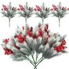 2PCS Plastic Holly Berry Pine Needles Branches with Pine Cones Artificial Flowers for Christmas Holiday Winter Table Decorations
