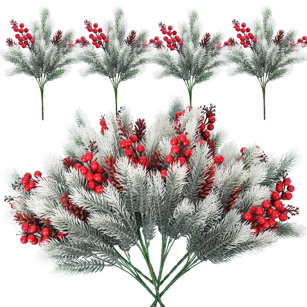 2PCS Plastic Holly Berry Pine Needles Branches with Pine Cones Artificial Flowers for Christmas Holiday Winter Table Decorations