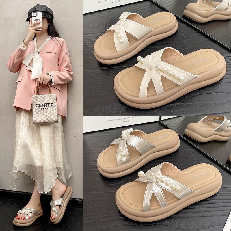 Fashion Pearl 2025 Summer Outer Wear Thick-soled Korean Version Muffin New Sandals Cool Slippers Women's Cross with Beach Slippers