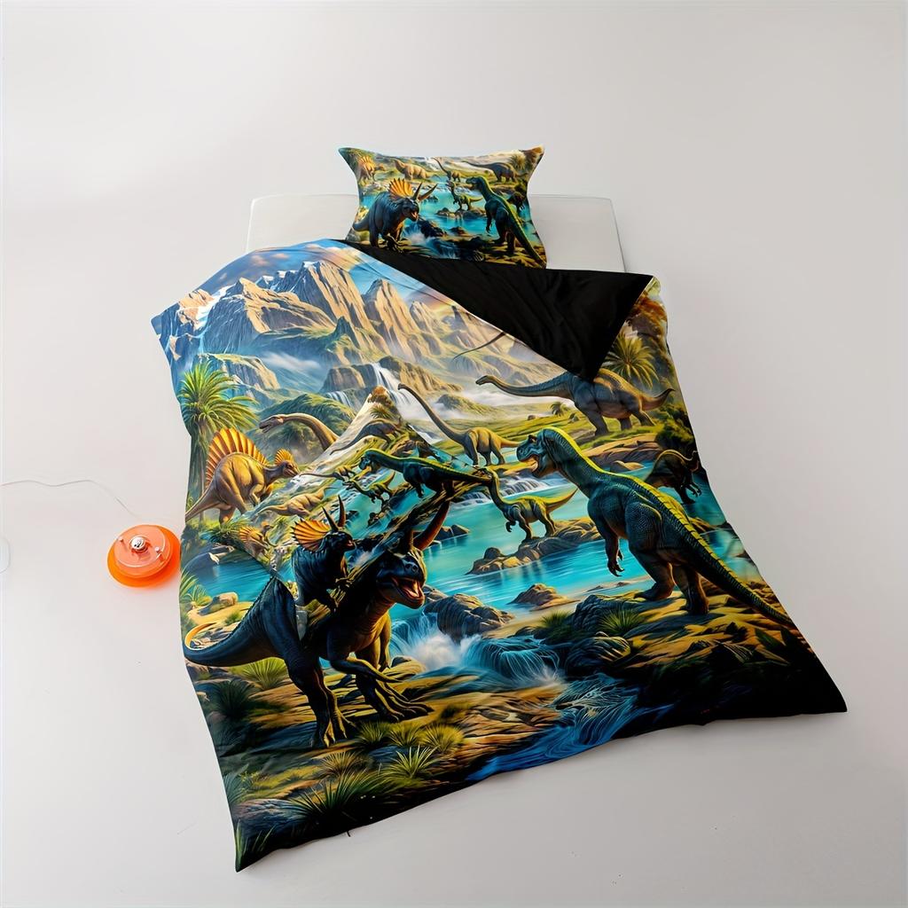 3D Dinosaur Print Duvet Cover Set Zipper Closure-100% Polyester Breathable Bedding Set All-Season Animal Theme Bedroom Decor