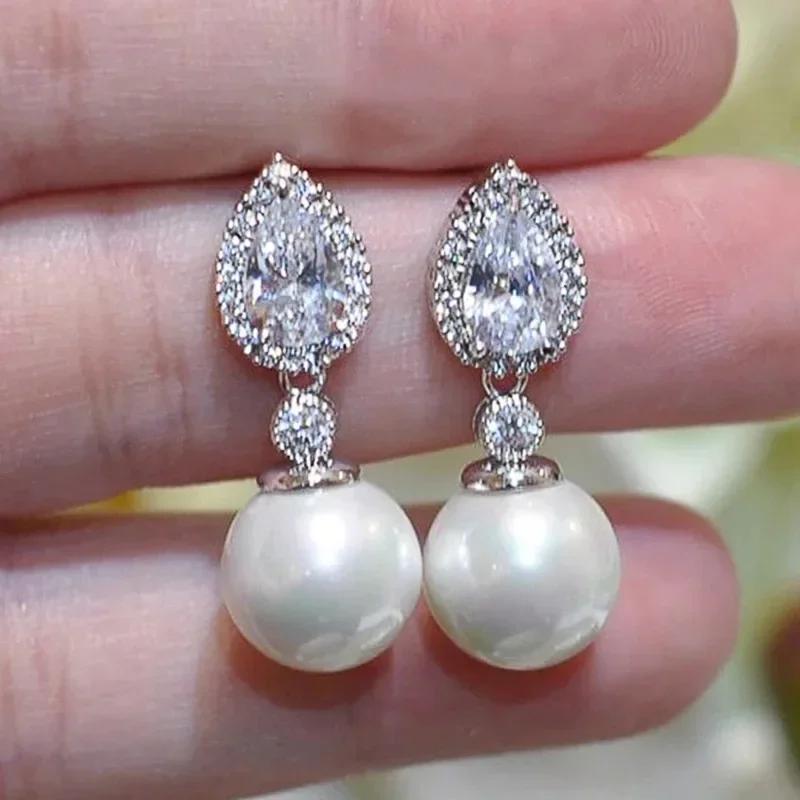 High-End And Fashionable Ocean Pearl Earrings, Set With Cubic Zirconia Women'S Luxurious Fashion Jewelry