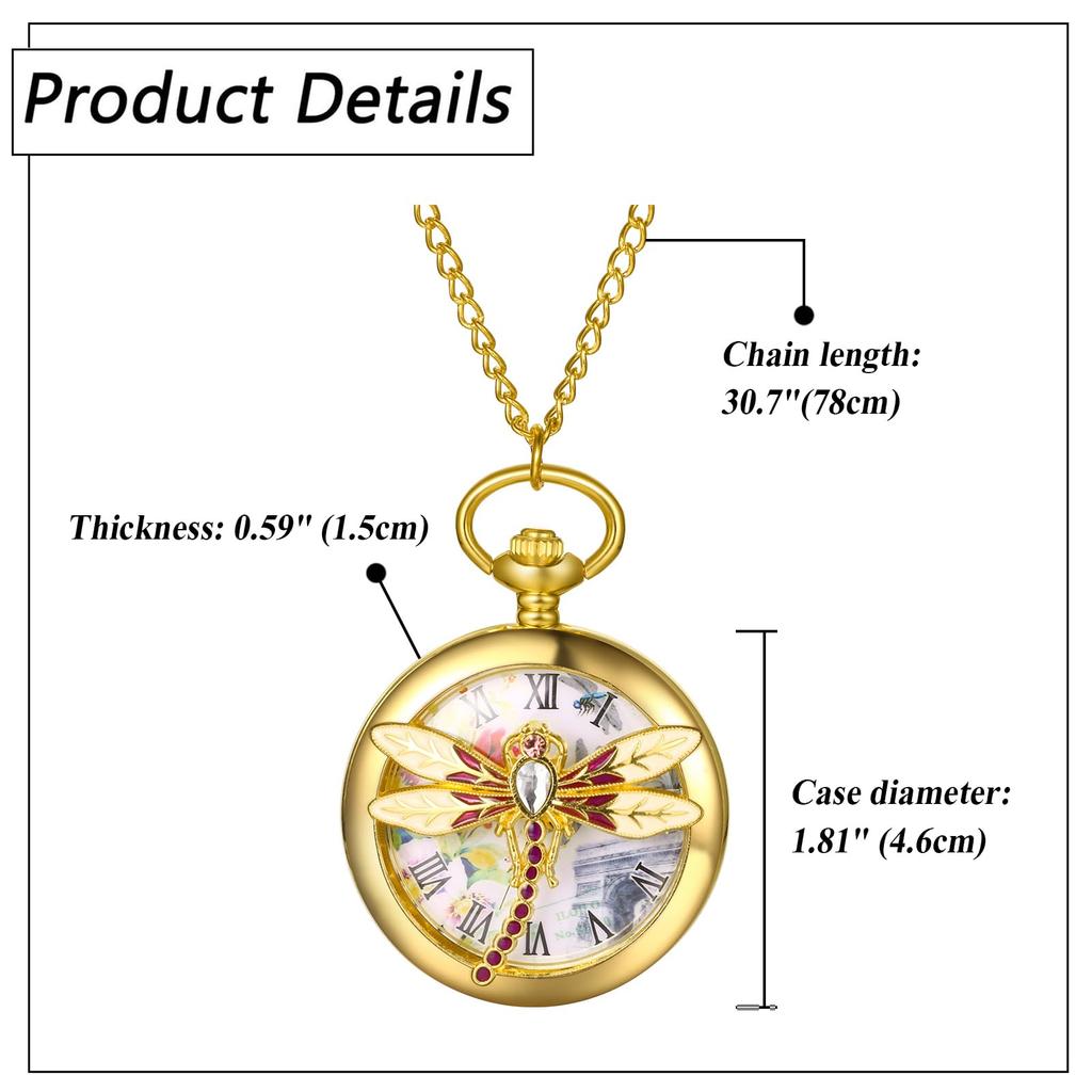 Pocket Watch Dragonfly Antique Analog with Pocket Watch Pendant Watch Waterproof Necklace Chain Gold Birthday Anniversary Christmas Valentine White