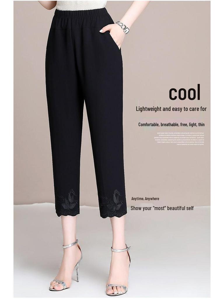 Mom's Chiffon High-Waisted Embroidered Loose-Fit Capri & Ankle Pants for Middle-Aged Women
