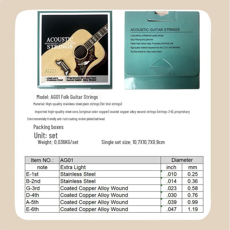 AG01 Acoustic & EG01 Electric Guitar String Sets - Steel Wire, Wooden & Accessories (Set of 6)