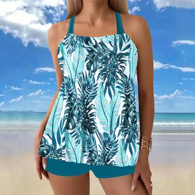 Neuer, hochwertiger Sommer-Badeanzug für Damen mit Doppelriemen, modischer Urlaub, Tankini-Shorts mit Palmenblatt-Print, zweiteiliges Set, S-6XL