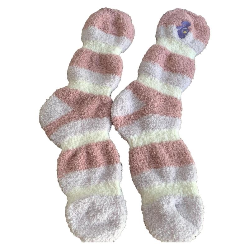 Women Cute Embroidery Fuzzy Plush Socks Winter Warm Colorblock Striped Coral Fleece Sleep Socks Thermal Slipper Socks One Size