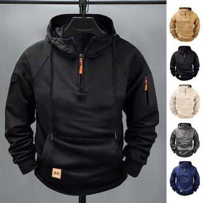 Autumn Men Hoodie Neck Protection Hooded Drawstring Half Zipper Big Pocket