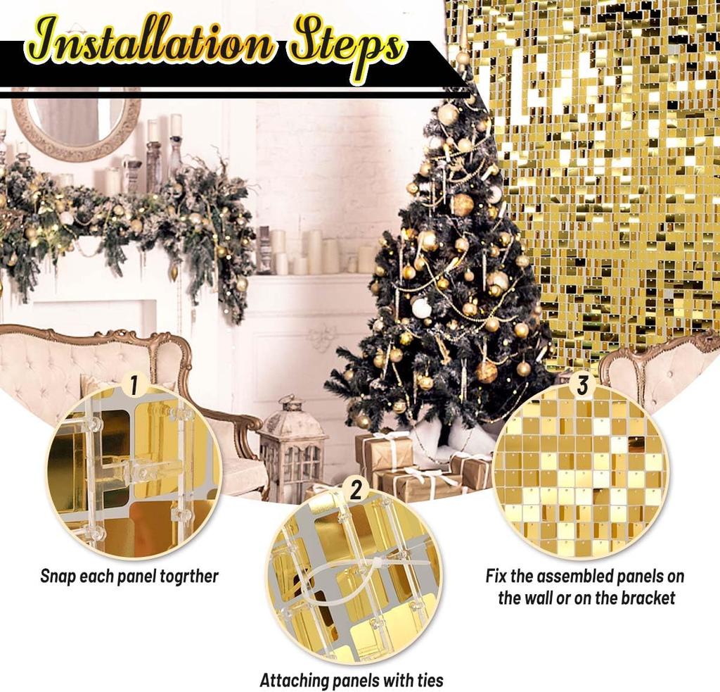 Gouden Shimmer Wandachtergrond, 24 Stuks Vierkante Sequin Glitter Achtergrondpaneel Voor Verjaardagen, Bruiloft, Halloween Kerst
