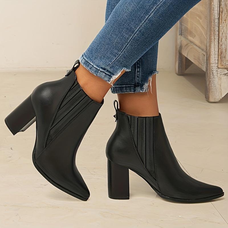 Women's Solid Color Trendy Boots, Slip On Casual Chunky Heel Ankle Boots, Point Toe Chelsea Boots