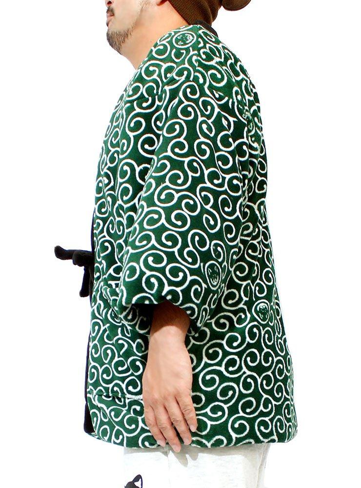 Wankodo Men's Warm Hanten Jacket, Large Size, Boa Fabric, Arabesque Print, Shiba Inu, Kyoto-Originated Mascot, Wankodo Chanchanko, 5L, Green