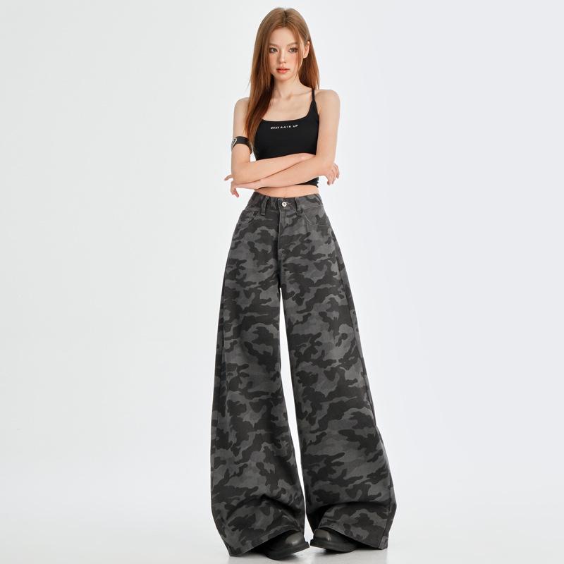 2025 Women's American Street Camouflage Wide-Leg Jeans - Extra Long, Lazy Style