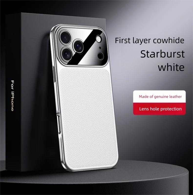 Premium Full Grain Leather Case For iPhone 17 Air Pro Max Luxury Cover Electroplating Frame