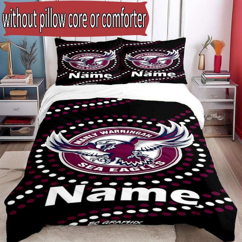 3pcs Duvet Cover Set (1*Duvet Cover + 2*Pillowcase, Without Core), Custom Name Manly Warringah Sea Eagles Pattern Bedding Set, Home Bedroom Decor Gift