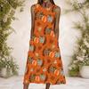 Women Plus Size Round Neck Sleeveless Leopard Pumpkin Printed Orange A Line Dress With Side Pockets