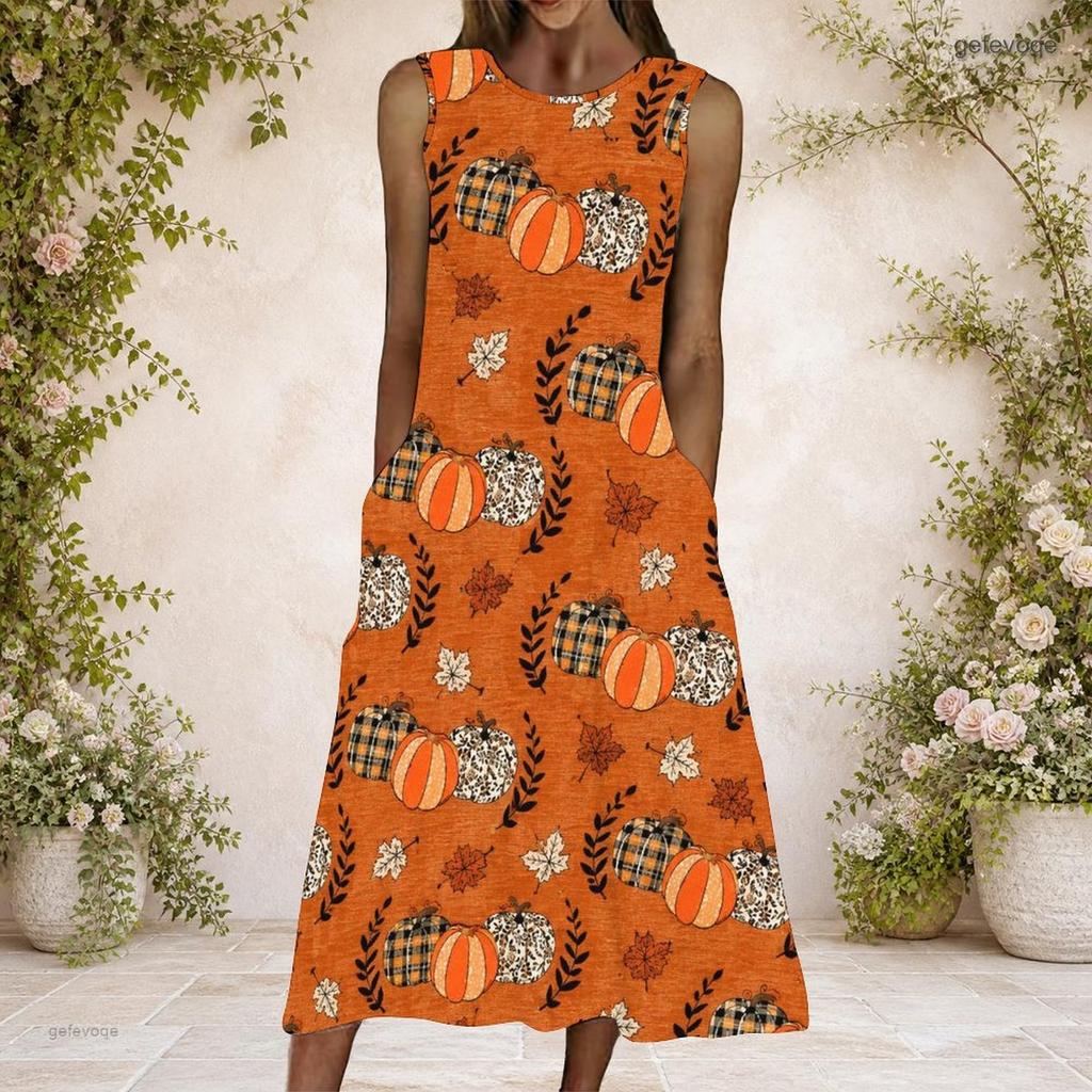 Women Plus Size Round Neck Sleeveless Leopard Pumpkin Printed Orange A Line Dress With Side Pockets