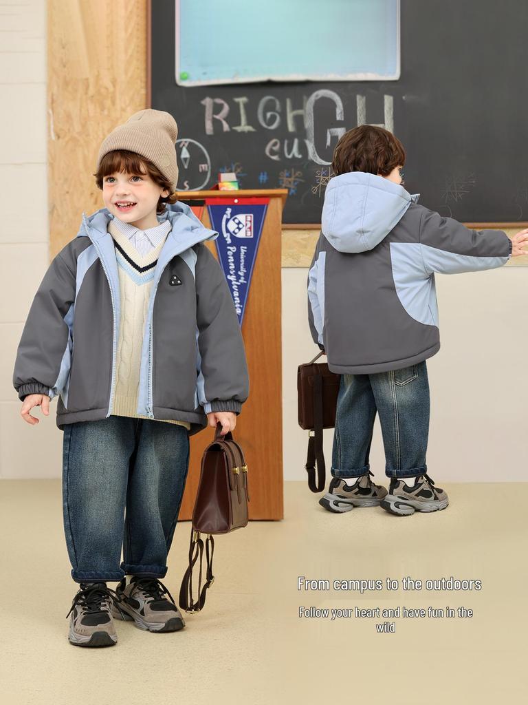 2025 New Boys' Color Block Waterproof Hooded Cotton Jacket with Fleece