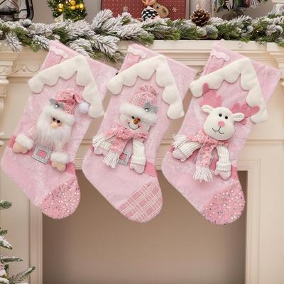 Pink Cartoon Christmas Stockings: Children's Gift Bags with Rooftop Santa Design for Candy & Tree Decorations
