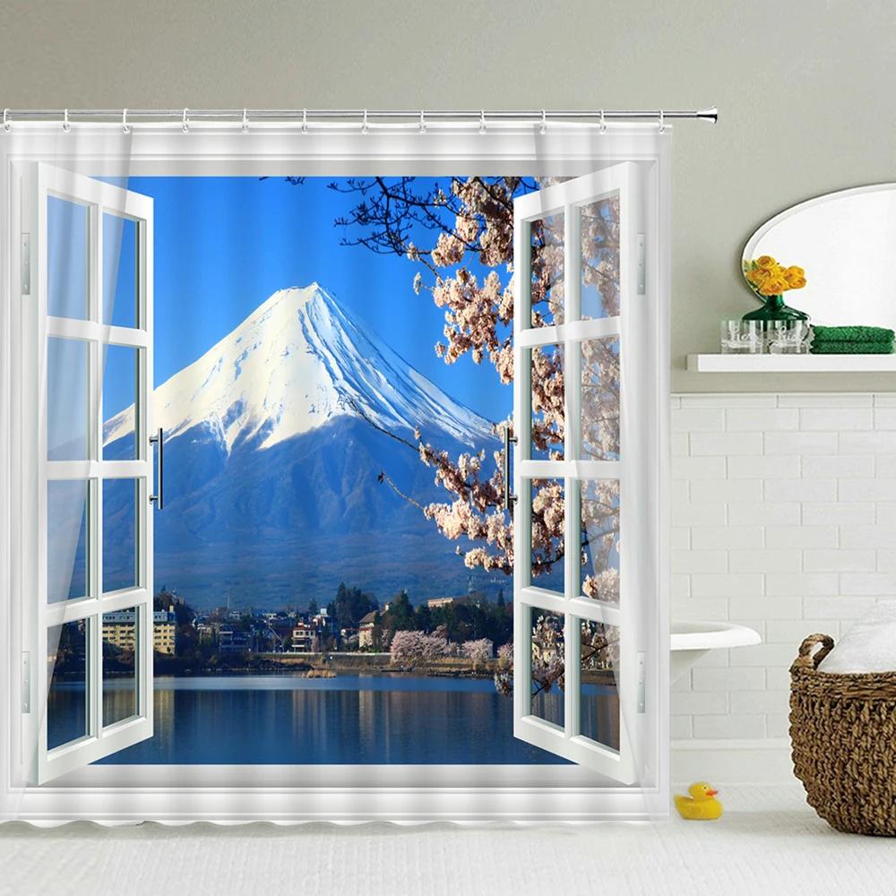 Bath Curtain 3d Printing Window Scenery Forest Shower Curtains 180*200cm Waterproof Bathroom Curtain Washable Fabric With Hooks