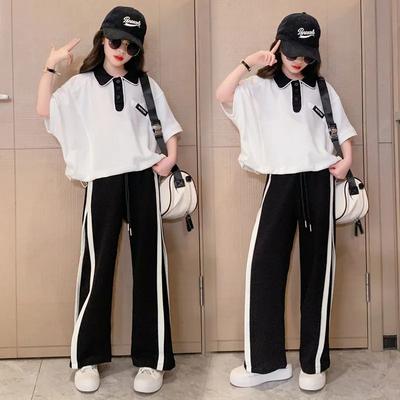 Mädchen Frühling Sommer Kleidung Kinder Set Kinder Lockeres T-Shirt Oberteil und Hose Gestreifte Weitbeinige Hose