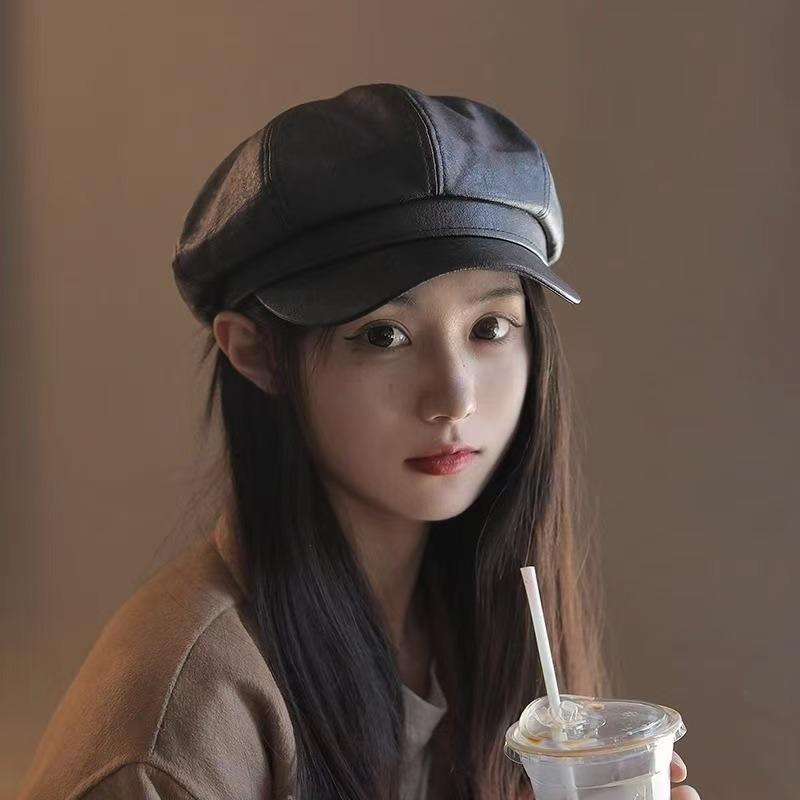 Black pu leather octagonal hat big head circumference beret autumn and winter painter hat female cap British hat leather hat