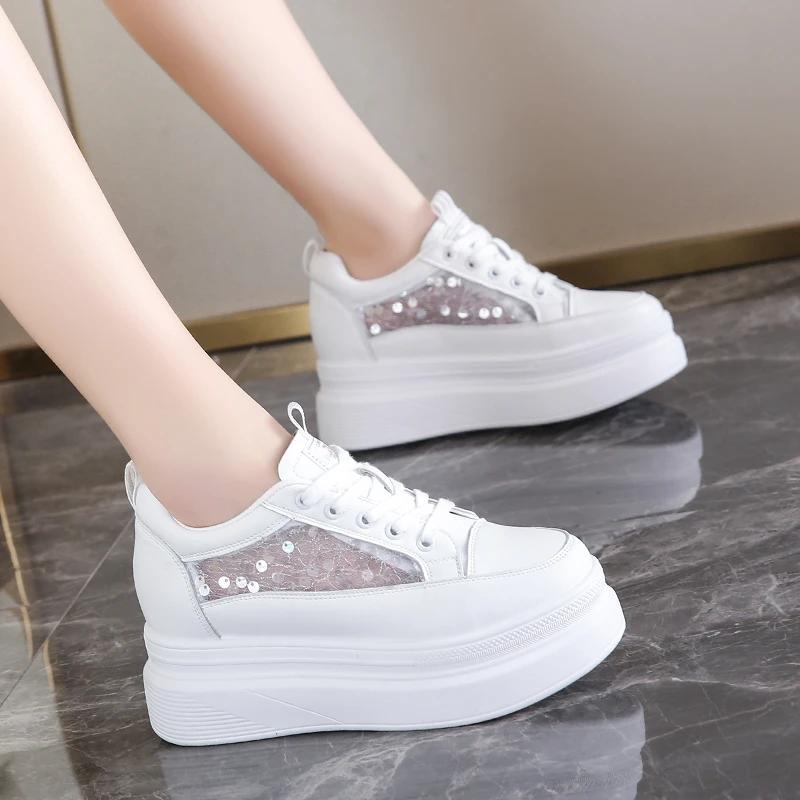 Fashion Mesh Hollowed Out Small White Shoes Summer Breathable Versatile Thick Soles with Raised Height Inside Women's Shoe Plus Size 40