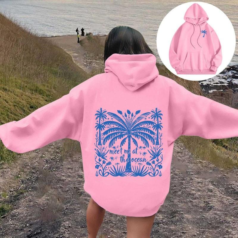 Womens Oversized Hooded Sweatshirt With Palm Tree Print Drop Shoulder Long Sleeve Fleece-Lined Casual Streetwear