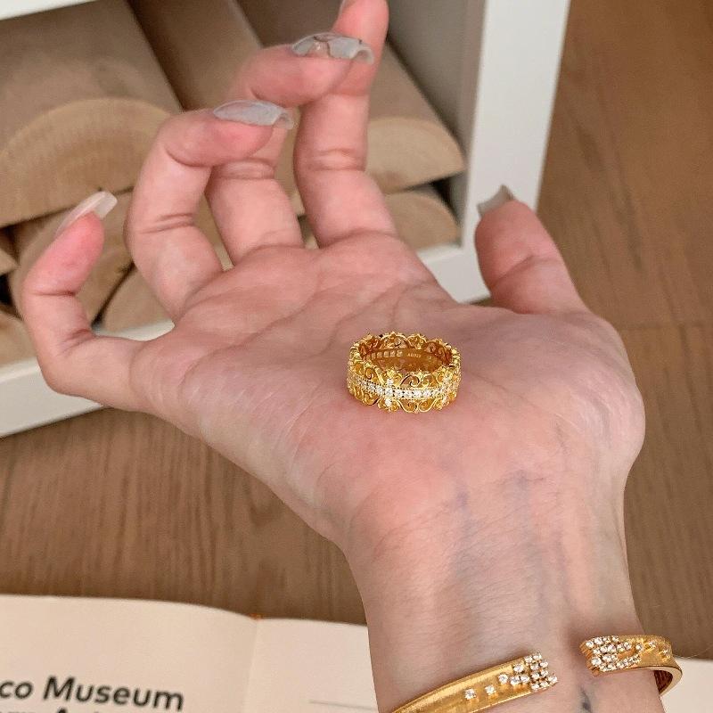 Light Luxury Retro Full Diamond Lace Crown Ring Medieval Court Style Heavy Industry Hollow Versatile Exquisite Luxury Index Finger Ring