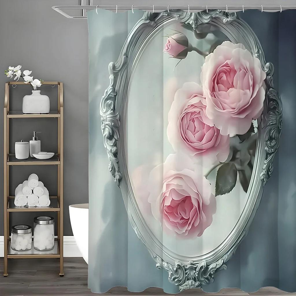 Spiegel Bloemen Roze Roos Douchegordijn, Decoratief Douchegordijn voor de Badkamer, Waterdicht Douchegordijn met Haken