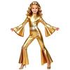 Girls Metallic Disco Jumpsuit Split Flare Legs Long Bell Sleeves Mock Neck Back Invisible Zipper Bodysuit with Matching Headband for Theme Party