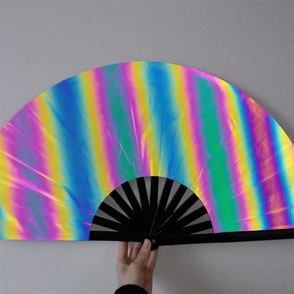 33cm Reflective Fan 13-inch Kung Fu Fan Rainbow Reflective Fabric Fan Large Bamboo-framed Fan