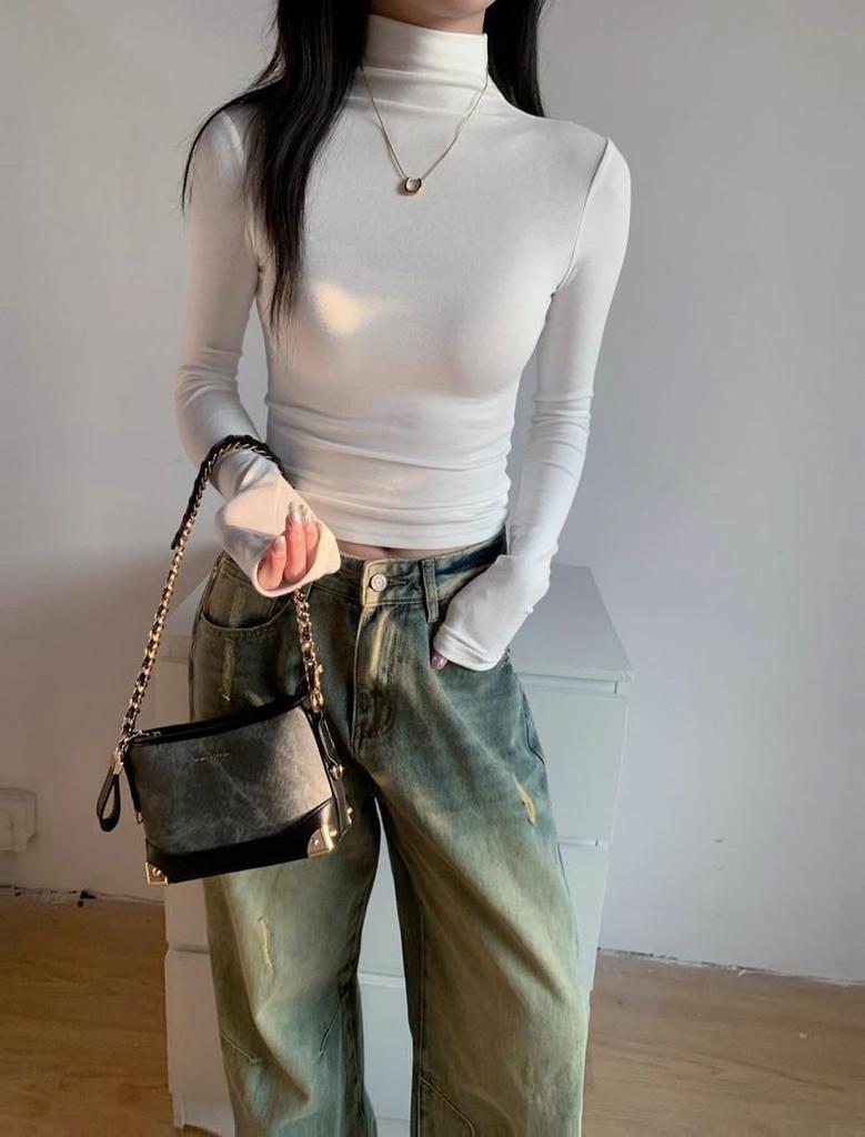 Women's Retro Ribbed Long Sleeve Turtleneck Base Layer Shirt for Autumn/Winter