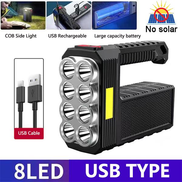 Torcia elettrica ricaricabile USB/solare a 8 LED Torcia tattica a batteria con faretto a lunga portata impermeabile multifunzione per esterni