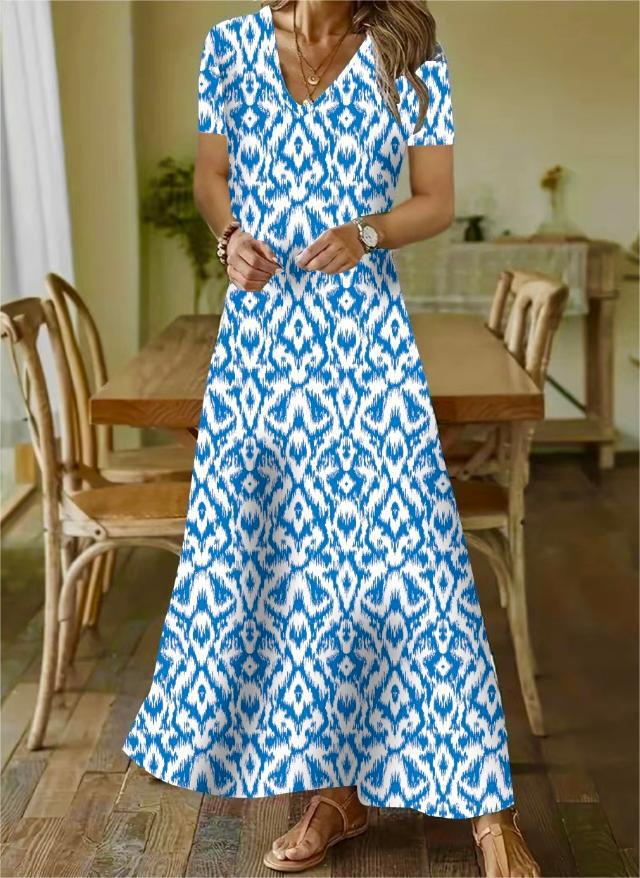 European and American Independent Station Autumn and Winter Fashionista Casual Sweet Loose V-Neck Printed Medium Sleeve Long Dress