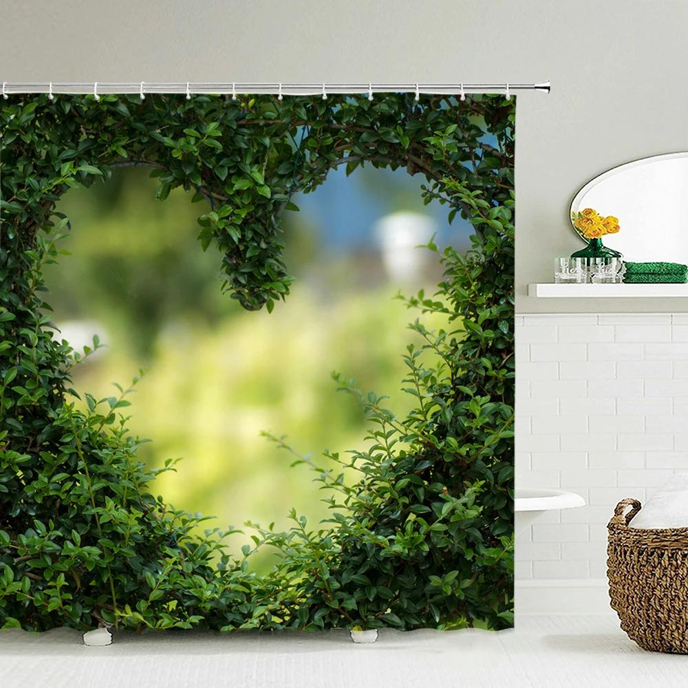 Green Scenery Shower Curtain with Hooks, Waterproof Bathroom Partition, Weighted Bottom Reinforced Eyelets & Easy To Clean