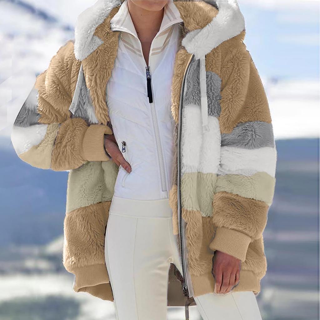 Womens Fashion Splicing Winter Loose Plush Long Sleeve Zipper Pocket Hooded Coat